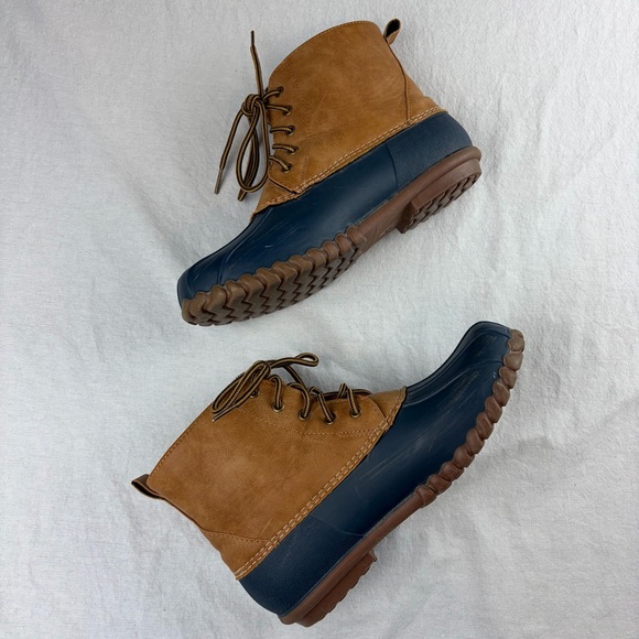 Henry Ferrera Women’s Tan Navy Faux Leather Lace Up Duck Boots sz. 8 - Picture 12 of 13